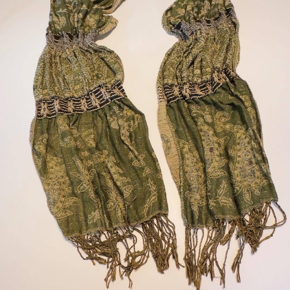 Paisley Scarf Green Gold Metallic Smocked Fringe Y2K OS Boho Gypsy 78" Long